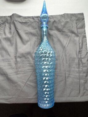 22" Italy Empoli Vintage Blue Diamond Glass Genie Bottle Pineapple Design Bottle